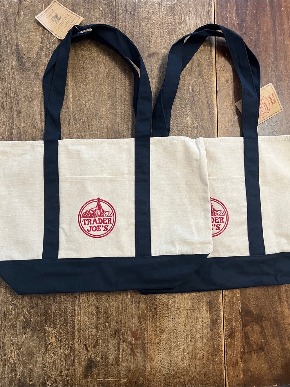 Trader Joe's Canvas Tote Bag - Navy & Cream - set of 2 Large Bags 💙